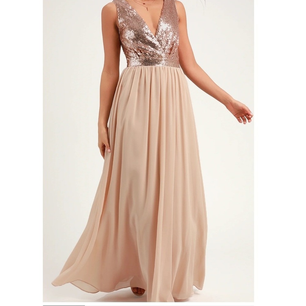 Lulus Rose Gold Pink Bling Romantic Fairy Formal Sequin Chiffon Gown Dress Blush